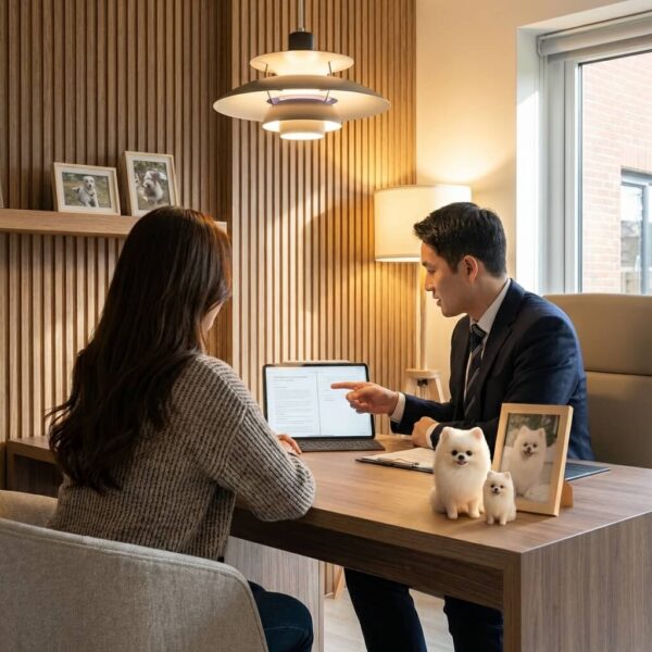 반려동물 사진을 곁에 두고 장례 절차를 상담하는 보호자와 상담사